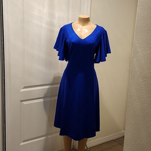 BRIDESMAY FIT AND FLARE V-NECK RUFFLE SLEEVE WOMEN'S DRESS - Picture 3 of 11